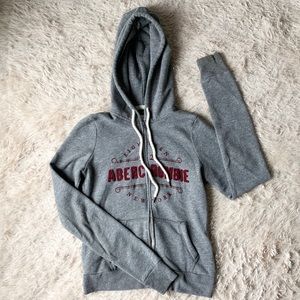 Gray Abercrombie Zip-Up Hoodie with Burgundy Logo